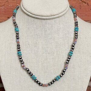 Navajo Style Pearl Necklace with Turquoise, Orange, & Purple
